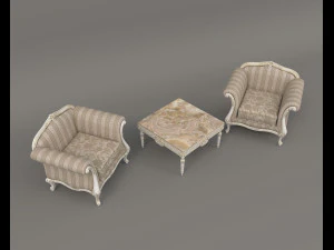 European Style Coffee Table and Armchairs 4 3D Model