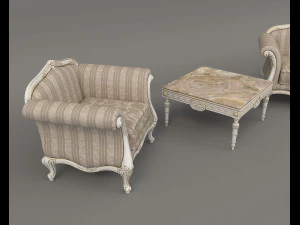European Style Coffee Table and Armchairs 4 3D Model