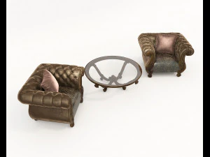 European Style Coffee Table and Armchairs 6 3D Model
