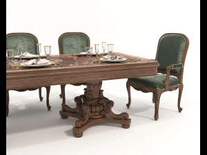 Classic European style Dining Table and Chairs 47 3D Model