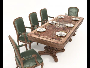 Classic European style Dining Table and Chairs 47 3D Model