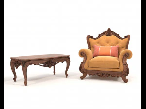 Classic European Style Coffee Table and Armchair 21 3D Model