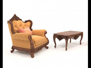 Classic European Style Coffee Table and Armchair 21 3D Model