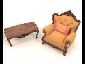 Classic European Style Coffee Table and Armchair 21 3D Model