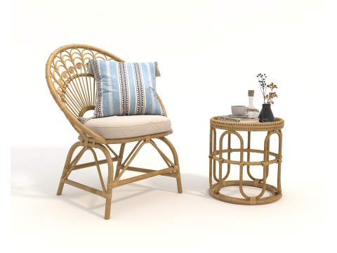 Rattan Coffee Table and Chairs 6 3D Model