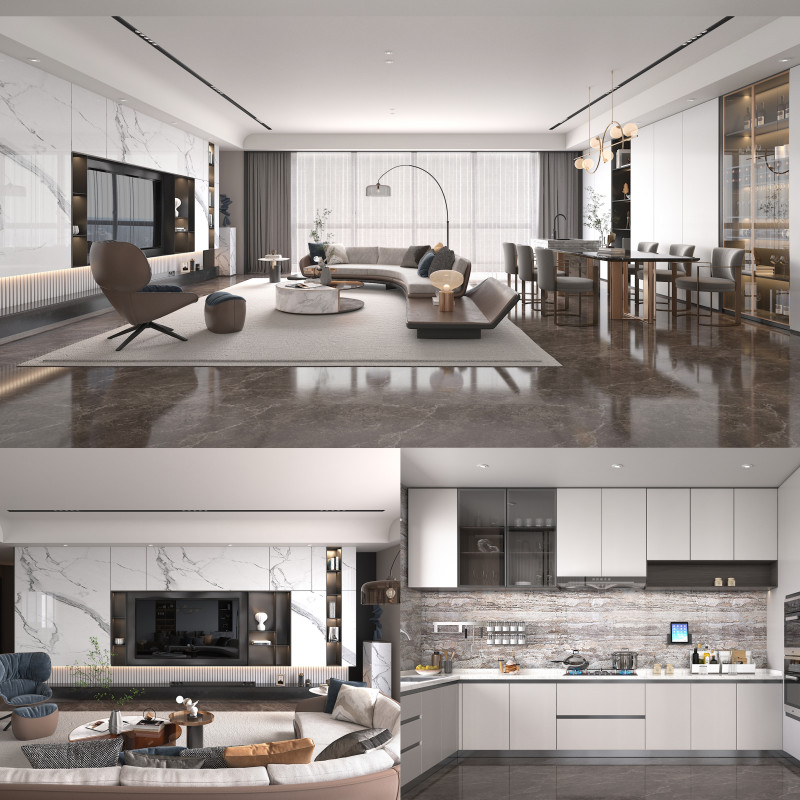 Living Room and Kitchen Scene 4 3D Model .c4d .max .obj .3ds .fbx .stl .blend 
