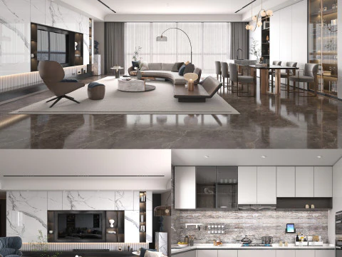 लिविंग रूम और किचन दृश्य 4 3D मॉडल