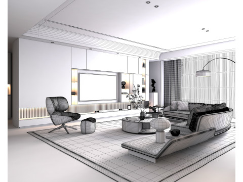 Living Room and Kitchen Scene 4 3D Model