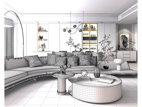 Living Room and Kitchen Scene 4 3D Model