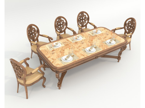 Classic European style Dining Table and Chairs 51 3D Model