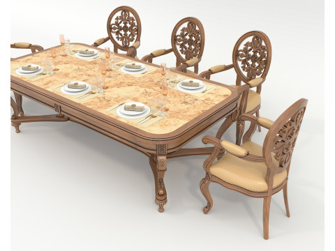 Classic European style Dining Table and Chairs 51 3D Model