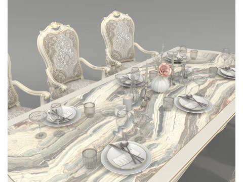 Classic European style Dining Table and Chairs 52 3D Model