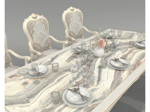 Classic European style Dining Table and Chairs 52 3D Model
