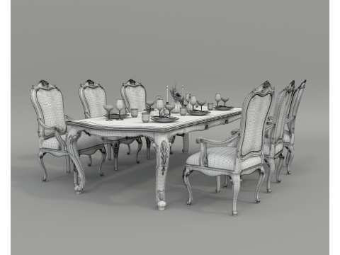 Classic European style Dining Table and Chairs 52 3D Model