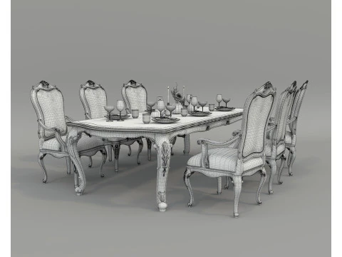 Classic European style Dining Table and Chairs 52 3D Model