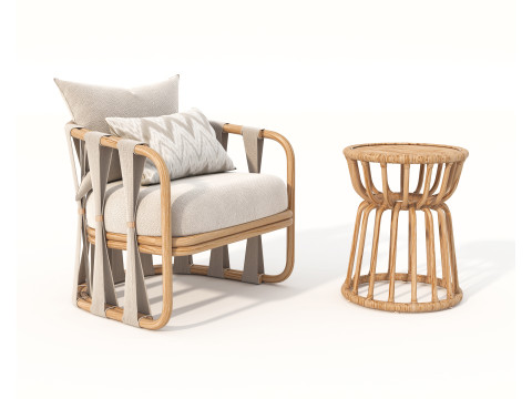 Rattan Coffee Table and Chairs 7 Modello 3D
