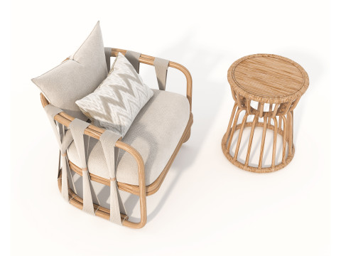 Rattan Coffee Table and Chairs 7 Modello 3D