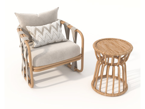 Rattan Coffee Table and Chairs 7 Modello 3D