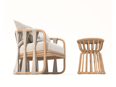 Rattan Coffee Table and Chairs 7 Modello 3D