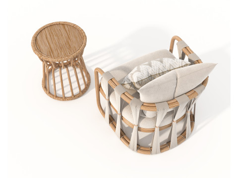 Rattan Coffee Table and Chairs 7 Modello 3D