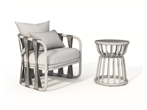 Rattan Coffee Table and Chairs 7 Modello 3D