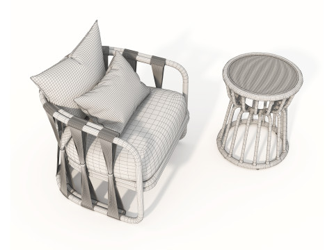 Rattan Coffee Table and Chairs 7 Modello 3D
