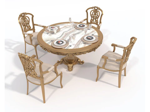 Classic European style Dining Table and Chairs 54 3D Model