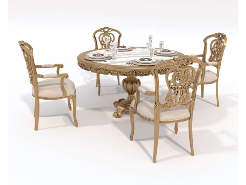 Classic European style Dining Table and Chairs 54 3D Model