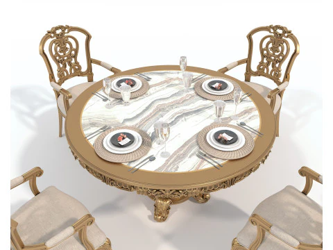 Classic European style Dining Table and Chairs 54 3D Model