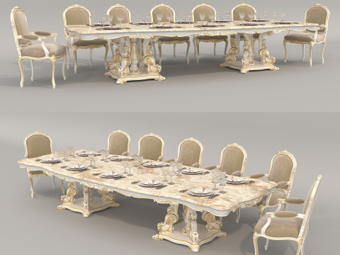 Classic European style Dining Table and Chairs 55 3D Model