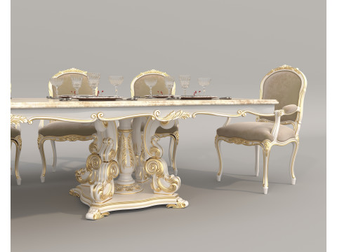 Classic European style Dining Table and Chairs 55 3D Model