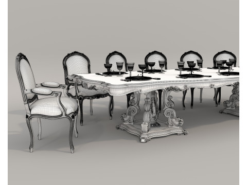 Classic European style Dining Table and Chairs 55 3D Model