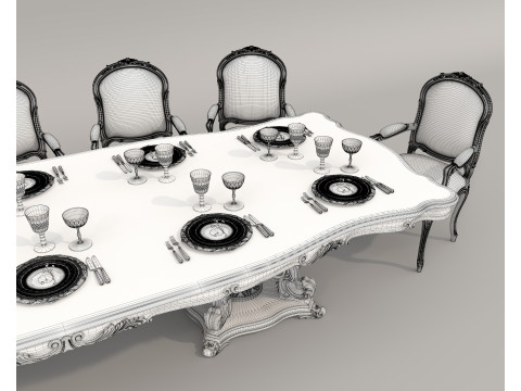 Classic European style Dining Table and Chairs 55 3D Model