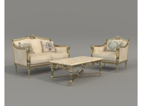Classic European Style Sofa and Armchair Set 7 3D Model