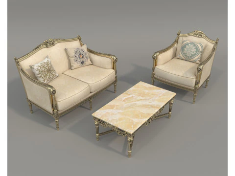 Classic European Style Sofa and Armchair Set 7 3D Model
