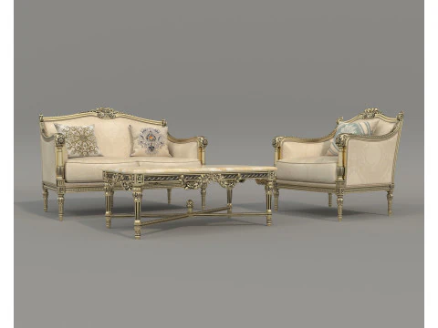 Classic European Style Sofa and Armchair Set 7 3D Model