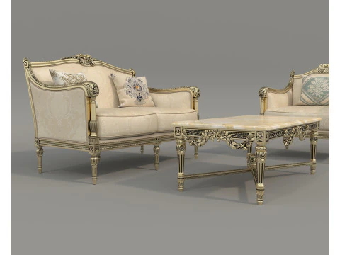 Classic European Style Sofa and Armchair Set 7 3D Model