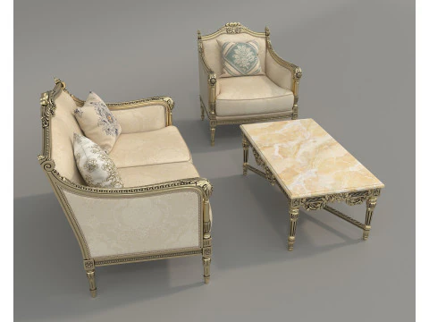 Classic European Style Sofa and Armchair Set 7 3D Model