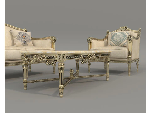 Classic European Style Sofa and Armchair Set 7 3D Model