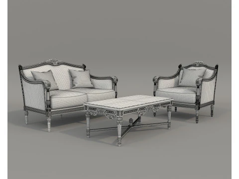 Classic European Style Sofa and Armchair Set 7 3D Model