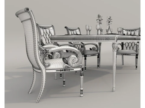 Classic European style Dining Table and Chairs 57 3D Model