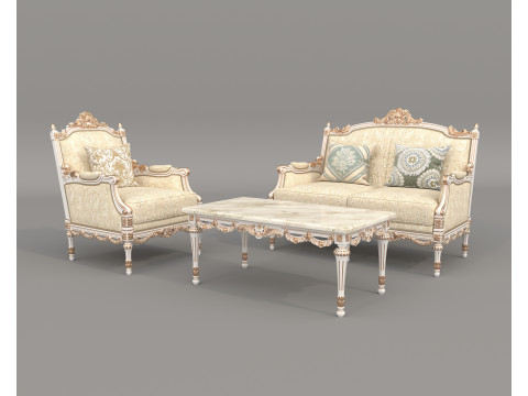Classic European Style Sofa and Armchair Set 8 3D Model
