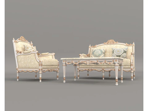 Classic European Style Sofa and Armchair Set 8 3D Model