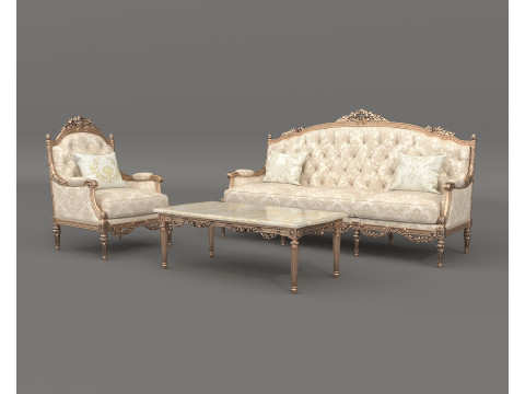 Classic European Style Sofa and Armchair Set 9 3D Model