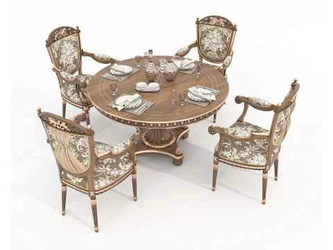 Classic European style Dining Table and Chairs 59 3D Model