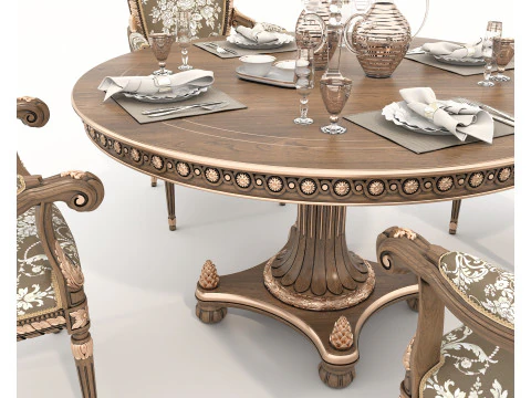 Classic European style Dining Table and Chairs 59 3D Model