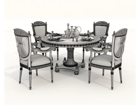 Classic European style Dining Table and Chairs 59 3D Model