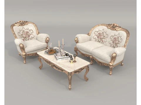 Conjunto de Sof&aacute; y Sill&oacute;n Estilo Cl&aacute;sico Europeo 10 Modelo 3D
