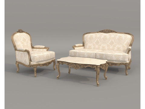 Classic European Style Sofa and Armchair Set 11 3D Model