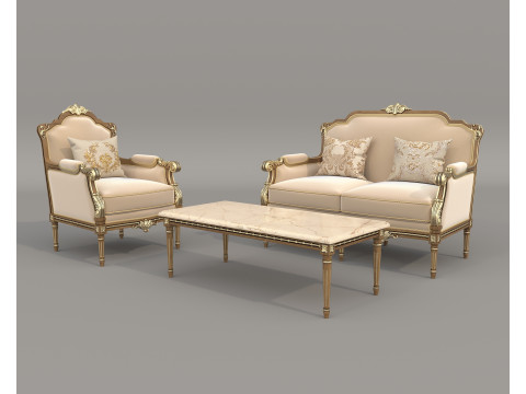 Classic European Style Sofa and Armchair Set 14 3D Model